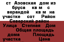  ст. Азовская, дом из бруса 36 кв.м.  с верандой 18 кв.м. на участке 17 сот. › Район ­ Северский район › Улица ­ Степная › Дом ­ 40 › Общая площадь дома ­ 36 › Площадь участка ­ 1 700 › Цена ­ 1 650 000 - Краснодарский край Недвижимость » Дома, коттеджи, дачи продажа   